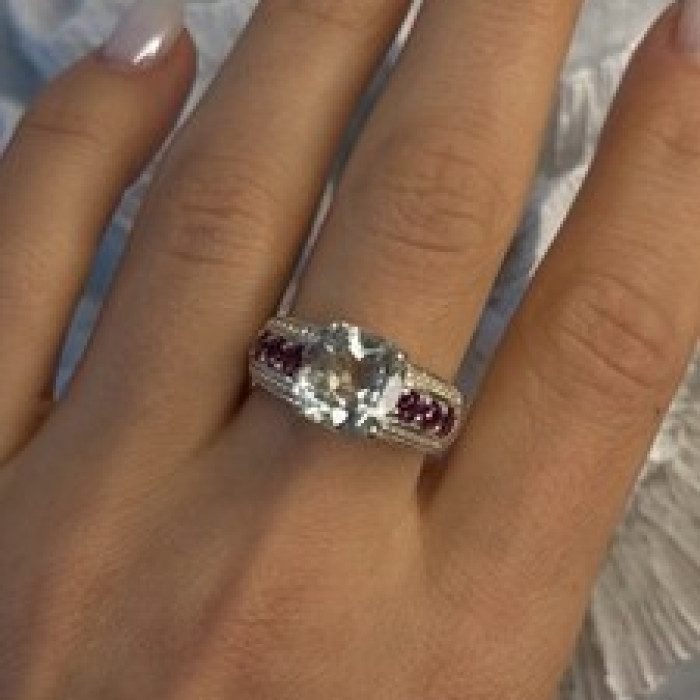 925 Sterling Silver Cushion-Cut Aquamarine & Pink Tourmaline Ring Size 9