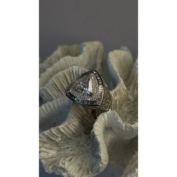 Unisex 925 Sterling Silver Trillion-Cut Simulated Diamond Cz Stones Ring Size 10