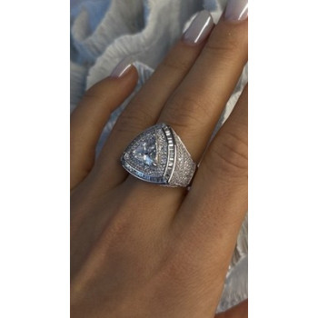 Unisex 925 Sterling Silver Trillion-Cut Simulated Diamond Cz Stones Ring Size 10