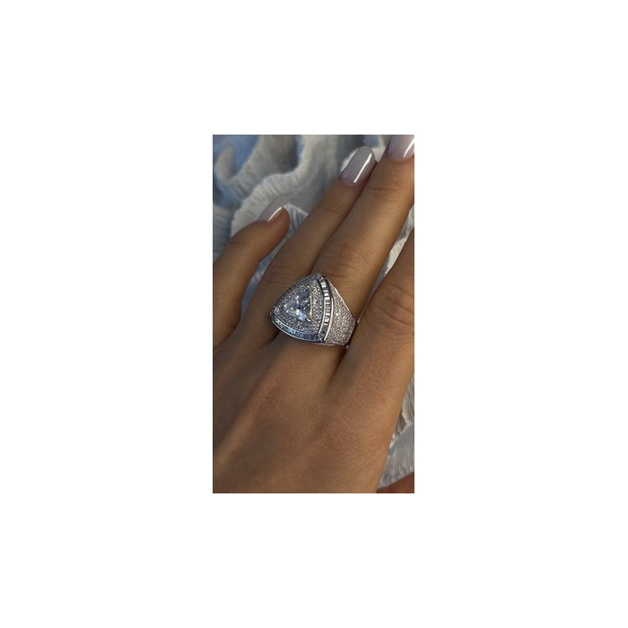 Unisex 925 Sterling Silver Trillion-Cut Simulated Diamond Cz Stones Ring Size 10