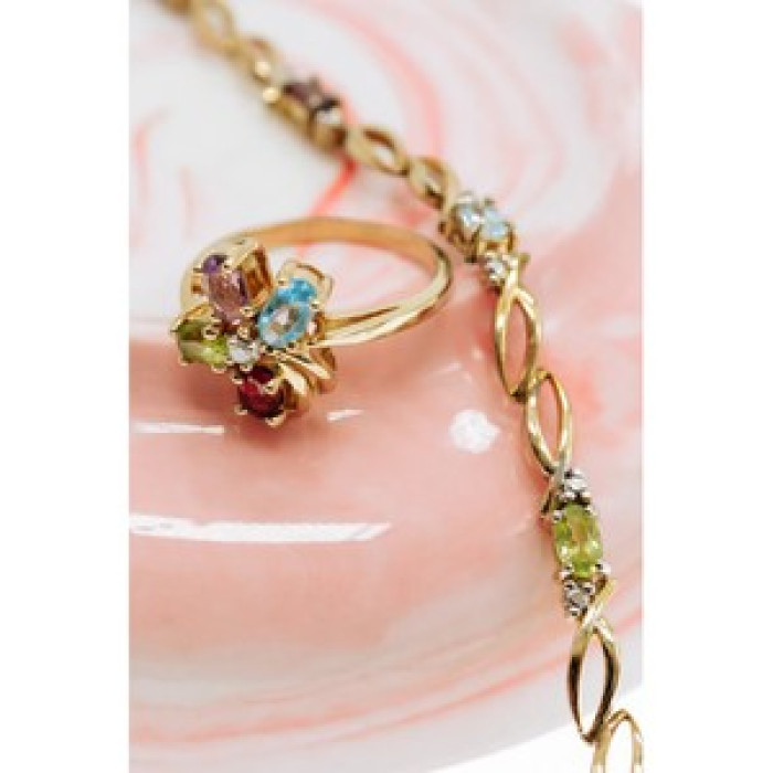 10K Yellow Gold Amethyst, Garnet, Topaz, Peridot & Diamond Ring Size 6.25