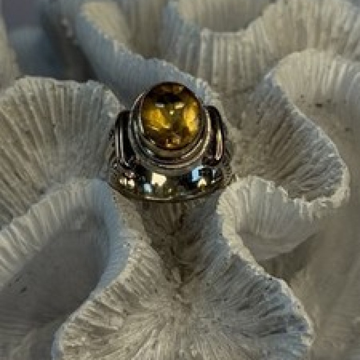 Vintage 925 Sterling Silver & 14K Yellow Gold Part Yellow Citrine Ring Size 6