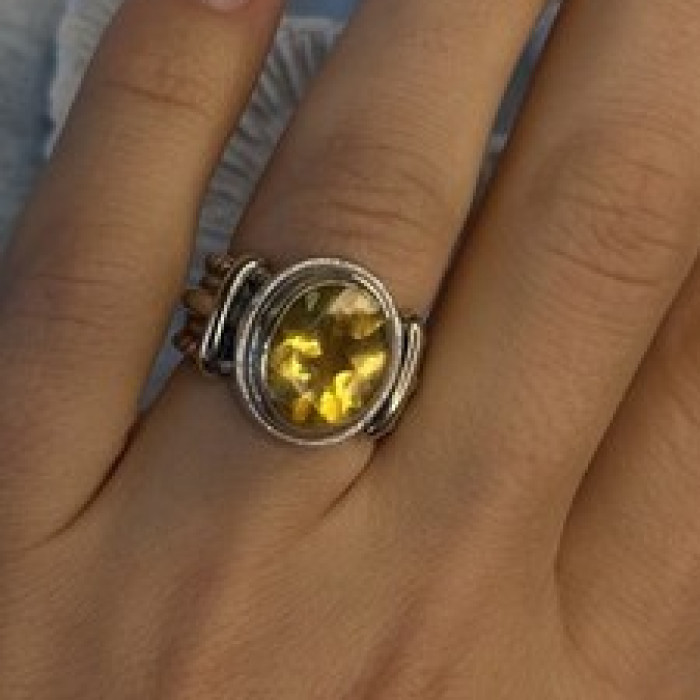Vintage 925 Sterling Silver & 14K Yellow Gold Part Yellow Citrine Ring Size 6