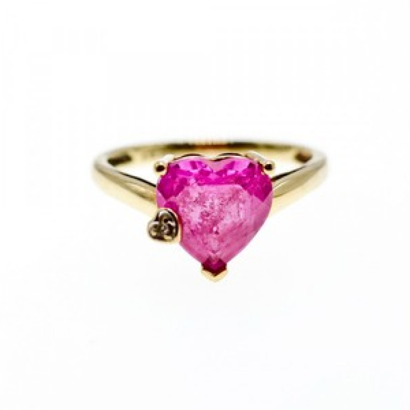 10K Yellow Gold Pink Topaz & Diamond Heart Ring Size 8