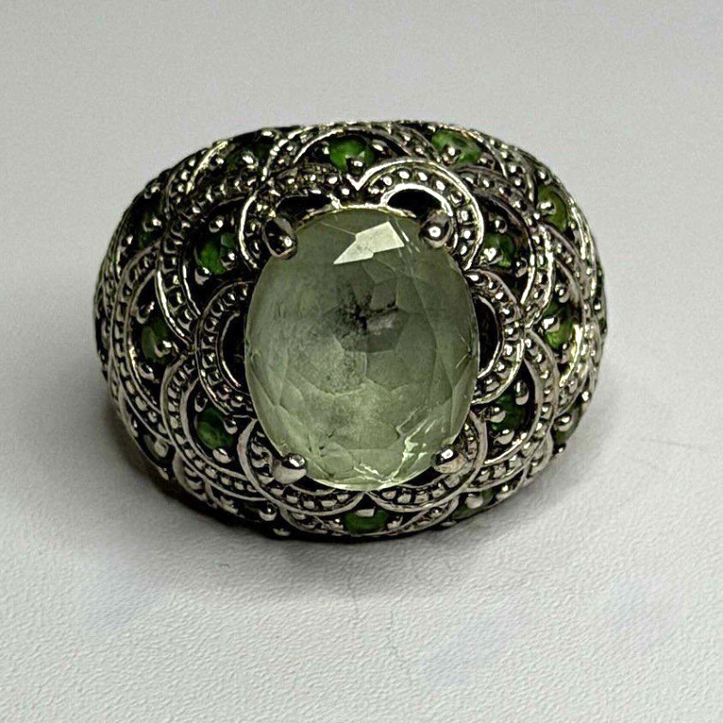 925 Sterling Silver Prasiolite & Green Peridot Ring Size 6
