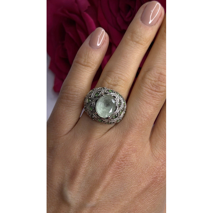 925 Sterling Silver Prasiolite & Green Peridot Ring Size 6