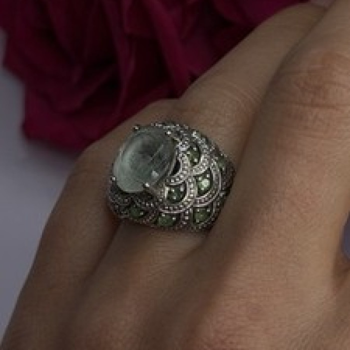 925 Sterling Silver Prasiolite & Green Peridot Ring Size 6