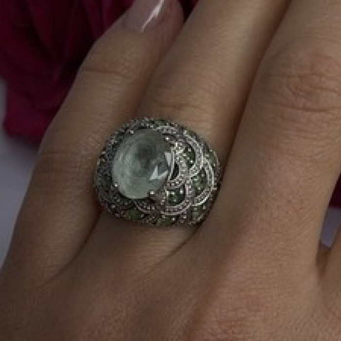 925 Sterling Silver Prasiolite & Green Peridot Ring Size 6