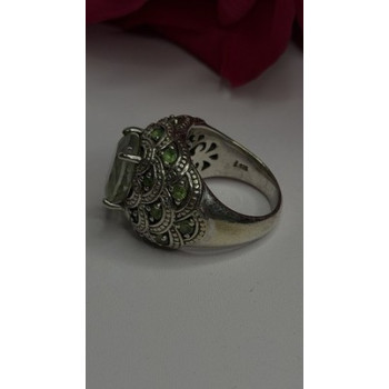 925 Sterling Silver Prasiolite & Green Peridot Ring Size 6