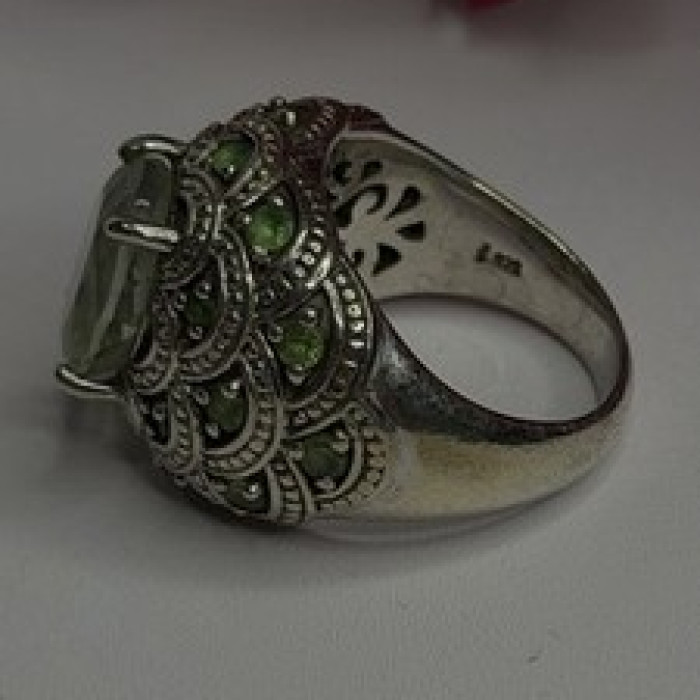 925 Sterling Silver Prasiolite & Green Peridot Ring Size 6