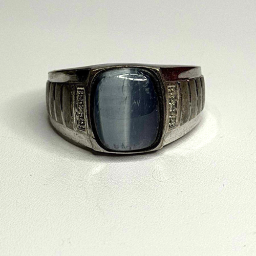 Men's 925 Sterling Silver Simulated cats Eye & Diamonds Ring Size 10