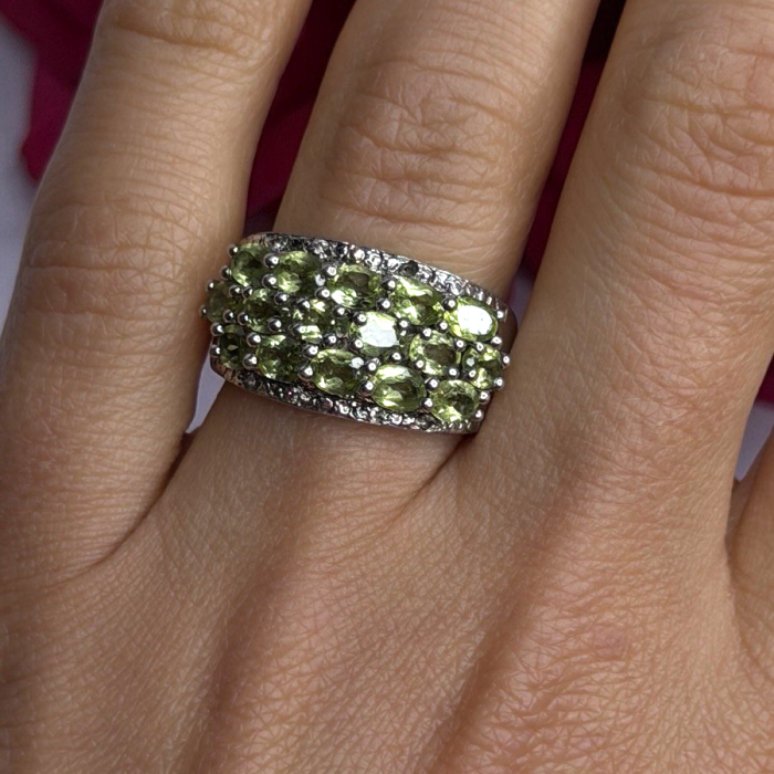 925 Sterling Silver Olive Green Peridot & Beryl Stones Ring Size 7