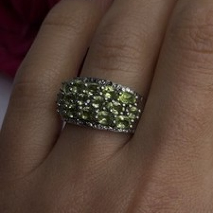 925 Sterling Silver Olive Green Peridot & Beryl Stones Ring Size 7