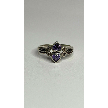 925 Sterling Silver Hearts Amethyst & Marcasite Ring Size 5