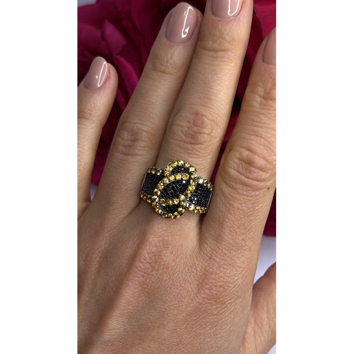 925 Sterling Silver Black Spinel & Yellow Sapphire Ring Size 10