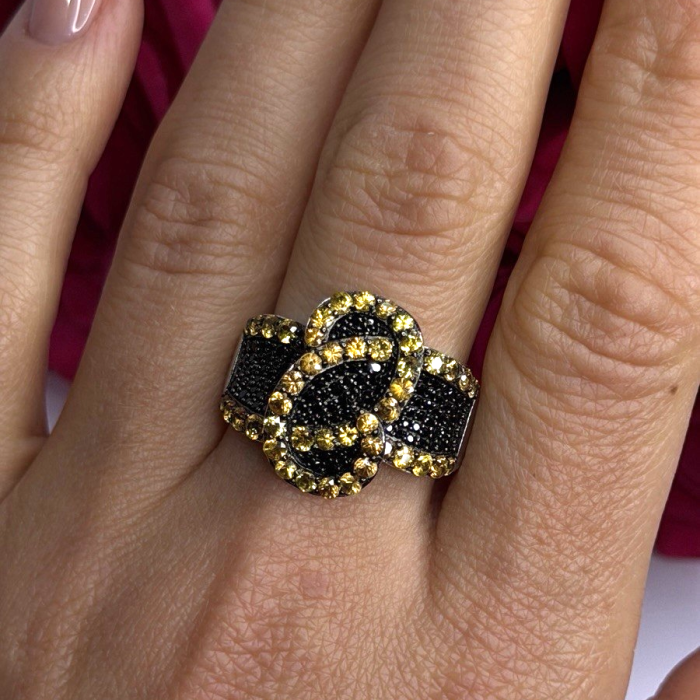 925 Sterling Silver Black Spinel & Yellow Sapphire Ring Size 10