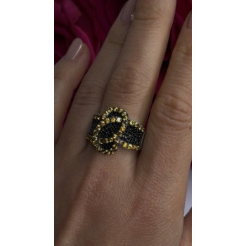 925 Sterling Silver Black Spinel & Yellow Sapphire Ring Size 10