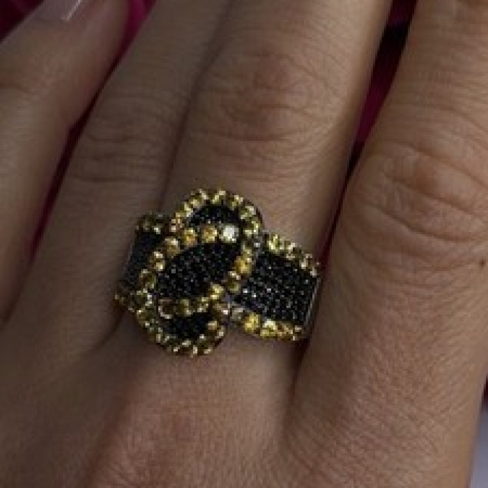 925 Sterling Silver Black Spinel & Yellow Sapphire Ring Size 10