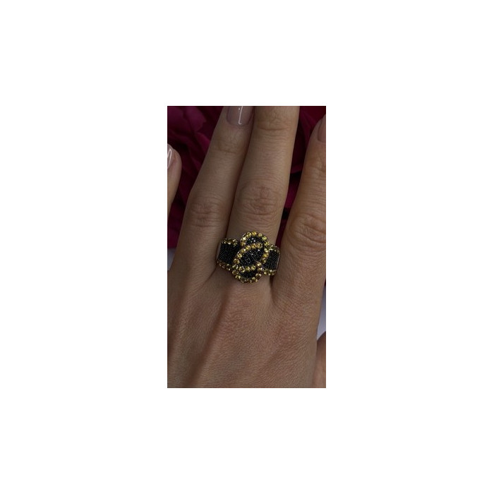 925 Sterling Silver Black Spinel & Yellow Sapphire Ring Size 10