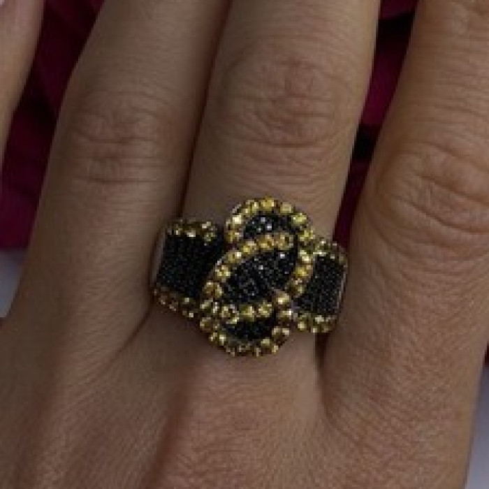 925 Sterling Silver Black Spinel & Yellow Sapphire Ring Size 10