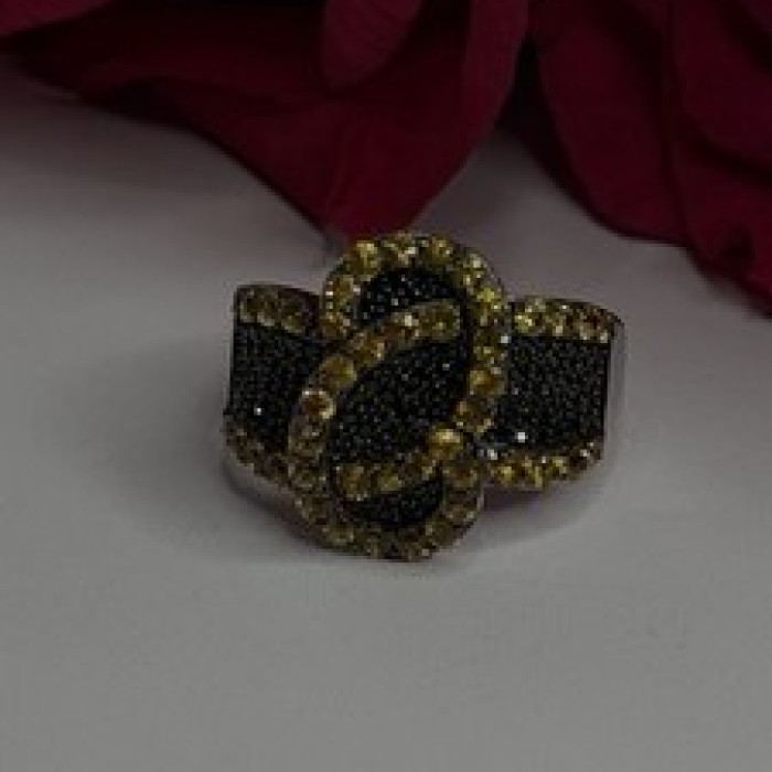 925 Sterling Silver Black Spinel & Yellow Sapphire Ring Size 10