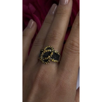 925 Sterling Silver Black Spinel & Yellow Sapphire Ring Size 10