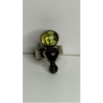 Carol Felley Vintage 925 Sterling Silver Peridot & Tourmaline Ring Size 6.5