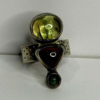 Carol Felley Vintage 925 Sterling Silver Peridot & Tourmaline Ring Size 6.5