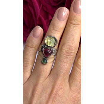 Carol Felley Vintage 925 Sterling Silver Peridot & Tourmaline Ring Size 6.5