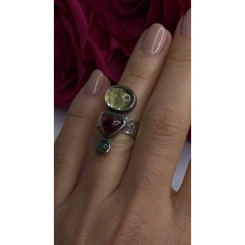 Carol Felley Vintage 925 Sterling Silver Peridot & Tourmaline Ring Size 6.5