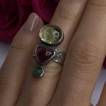 Carol Felley Vintage 925 Sterling Silver Peridot & Tourmaline Ring Size 6.5