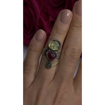 Carol Felley Vintage 925 Sterling Silver Peridot & Tourmaline Ring Size 6.5