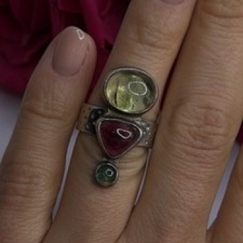 Carol Felley Vintage 925 Sterling Silver Peridot & Tourmaline Ring Size 6.5
