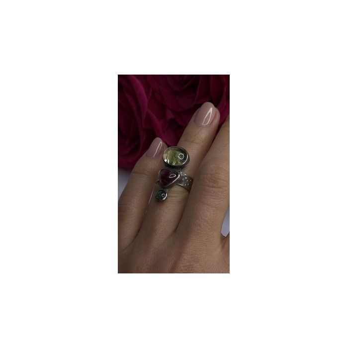 Carol Felley Vintage 925 Sterling Silver Peridot & Tourmaline Ring Size 6.5