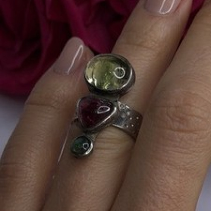 Carol Felley Vintage 925 Sterling Silver Peridot & Tourmaline Ring Size 6.5
