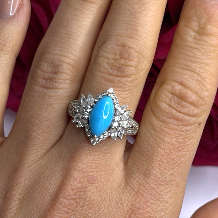 925 Sterling Silver Blue Turquoise & Beryl Stones Ring Size 9