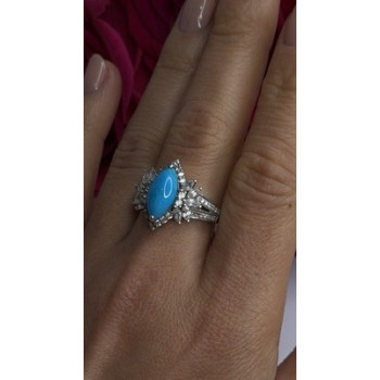 925 Sterling Silver Blue Turquoise & Beryl Stones Ring Size 9