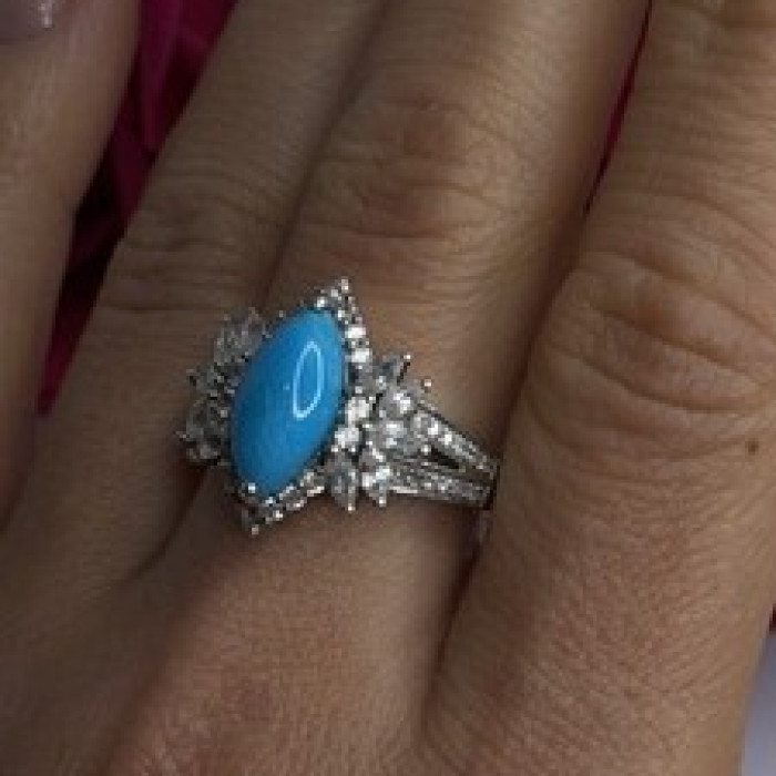 925 Sterling Silver Blue Turquoise & Beryl Stones Ring Size 9