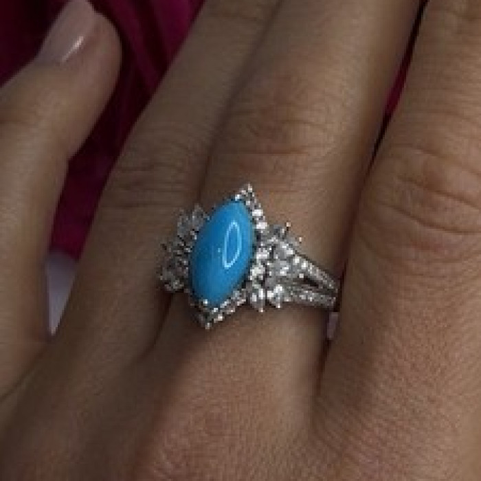 925 Sterling Silver Blue Turquoise & Beryl Stones Ring Size 9