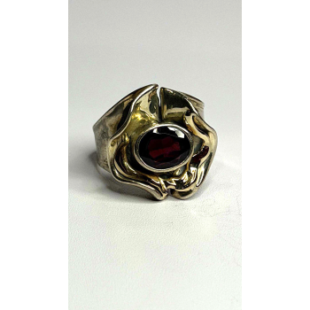 Vintage 925 Sterling Silver & 14K Yellow Gold Part Garnet Ring Size 8