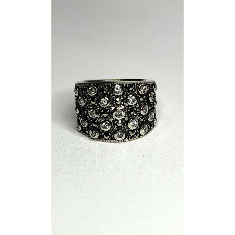 Vintage Wide Band 925 Sterling Silver Beryl & Marcasite Ring Size 8