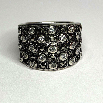 Vintage Wide Band 925 Sterling Silver Beryl & Marcasite Ring Size 8