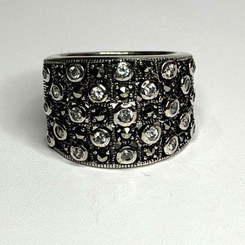 Vintage Wide Band 925 Sterling Silver Beryl & Marcasite Ring Size 8