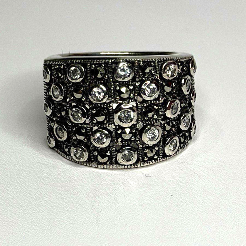 Vintage Wide Band 925 Sterling Silver Beryl & Marcasite Ring Size 8