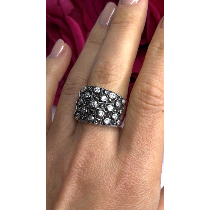 Vintage Wide Band 925 Sterling Silver Beryl & Marcasite Ring Size 8
