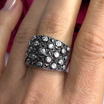 Vintage Wide Band 925 Sterling Silver Beryl & Marcasite Ring Size 8