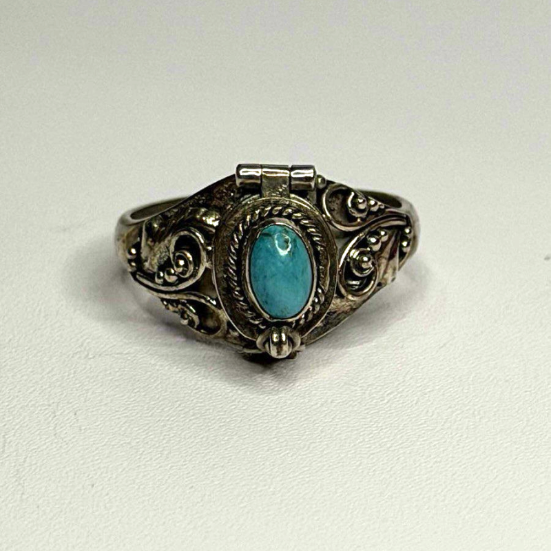 Poison Locket Pillbox  925 Sterling Silver Blue Turquoise Ring Size 7