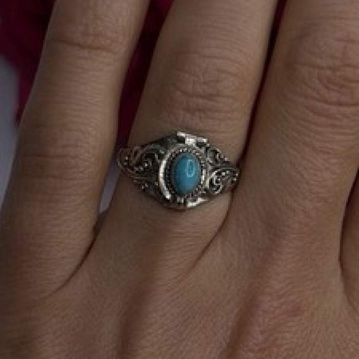 Poison Locket Pillbox  925 Sterling Silver Blue Turquoise Ring Size 7