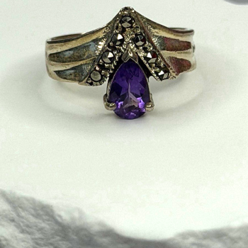 Vintage 925 Sterling Silver Amethyst & Marcasite Ring Size 7.5