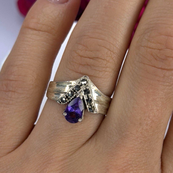 Vintage 925 Sterling Silver Amethyst & Marcasite Ring Size 7.5